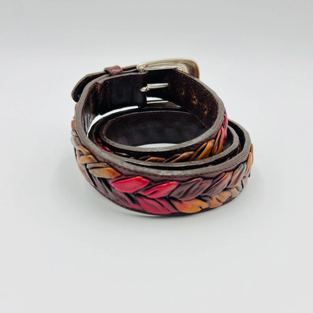 The Territory Ahead Mens 38 Braided Leather Leaf Belt Colorful Western Boho 90s